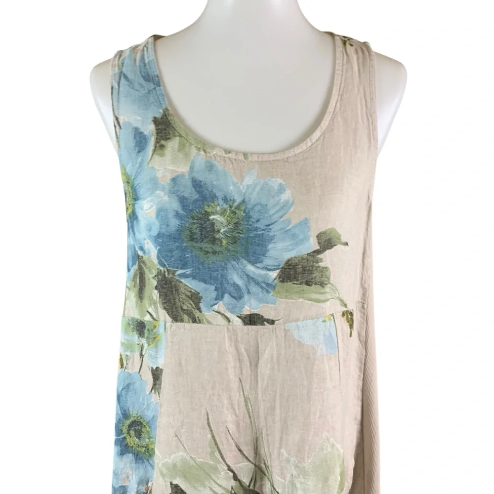 Italian Ribbed Beige Blue Floral Linen Dress Medium Artisanal Boho‎ Resort Style